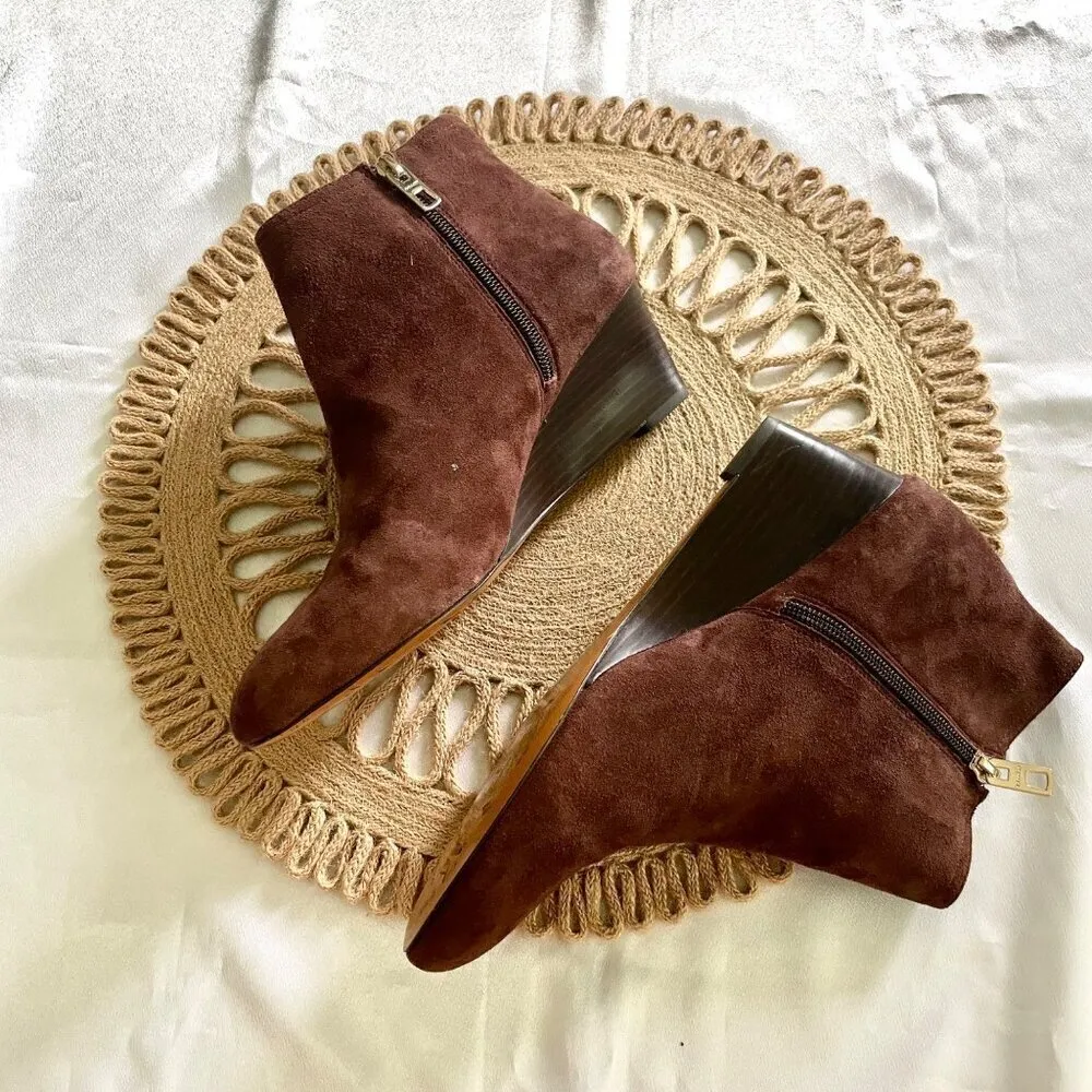 Coach Maya Suede/Polished-Calf Ankle Wedge Boots Brown Women’s Size 10 Q5328 - Image 4