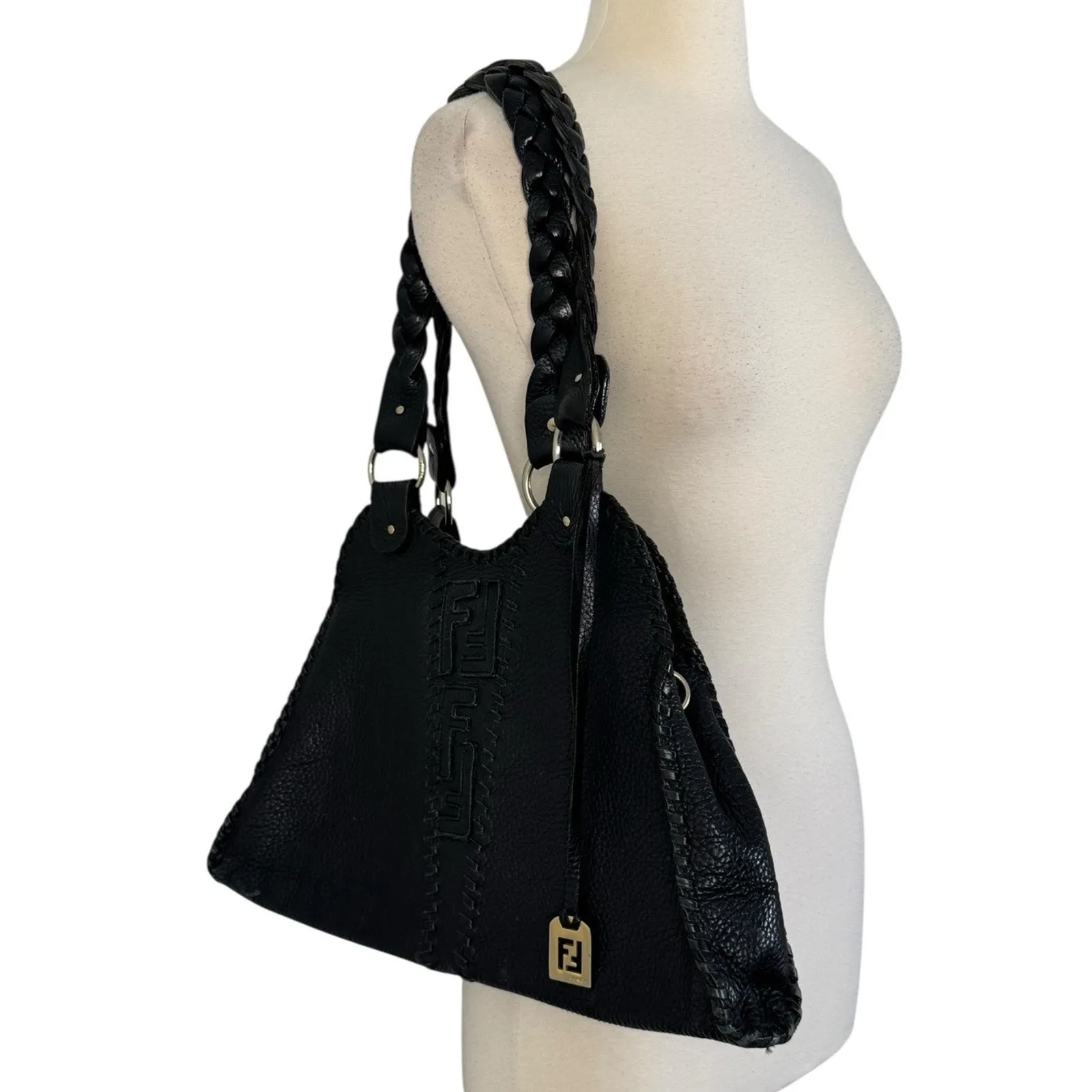 Vintage FENDI Black Pebbled Leather Spy Bag Purse Braided Handles Handbag - Image 11