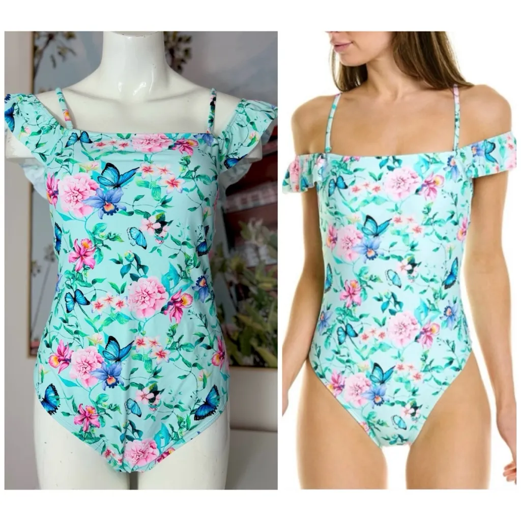 Nanette Lepore Blue Floral Butterfly Ruffle Strap One Piece Swimsuit Size 12 - Image 2