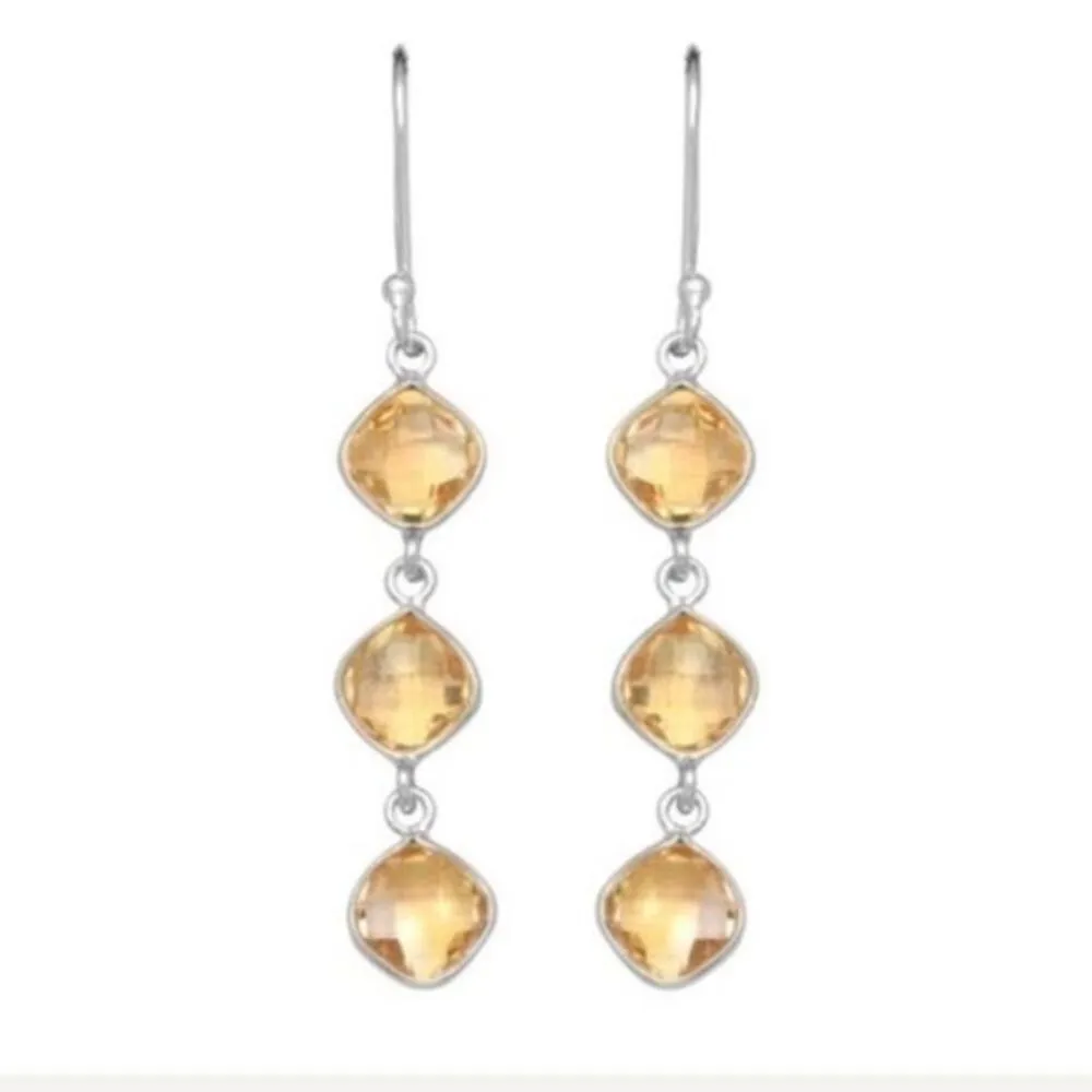 Triple Drop Cushion Cut Golden Citrine and Sterling Silver Earrings NWT - Image 7