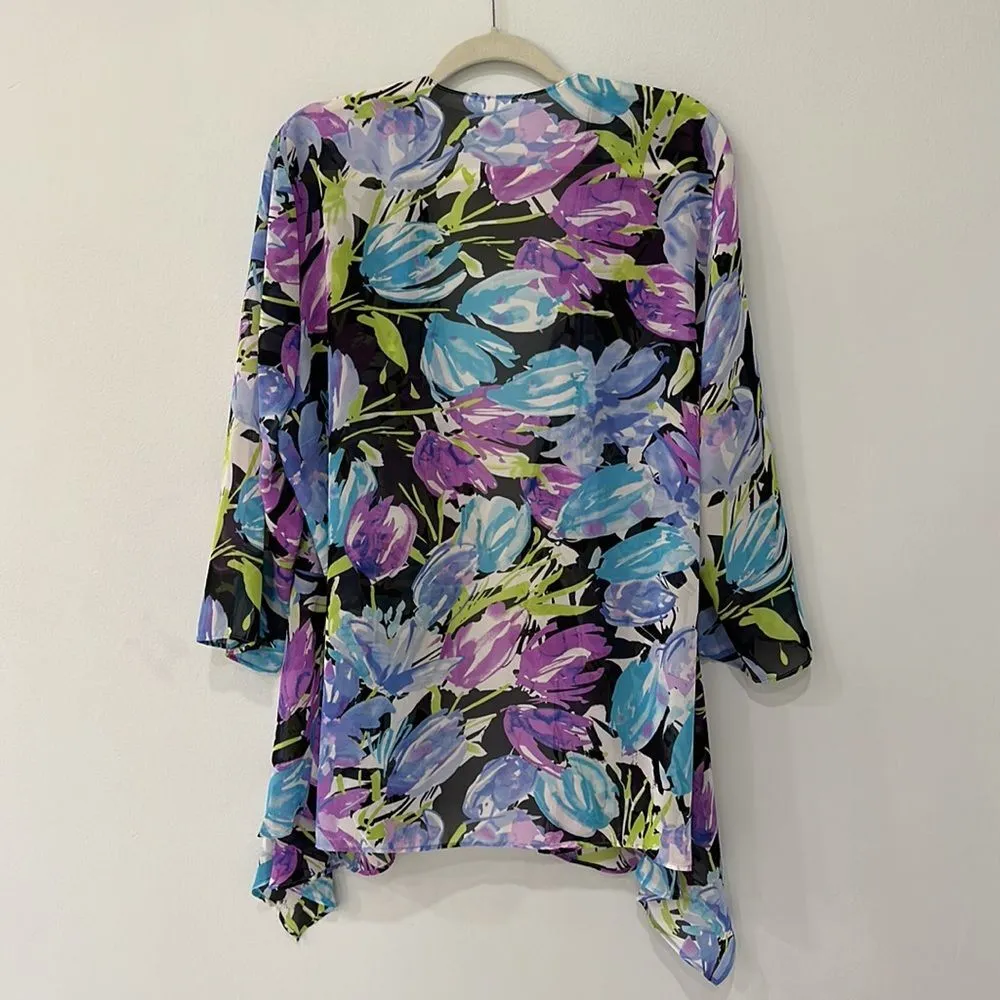 Women's Long Sleeve Open Front Floral Print Cardigan/Kimono/Cover Up Top Blue Size undefined - Image 5