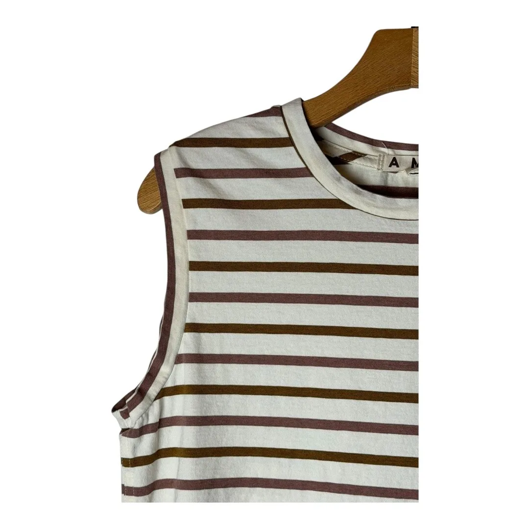 AMO Shirt Women Large White Brown Babe Striped Cotton Tank Top Cropped Crew Neck - Image 4