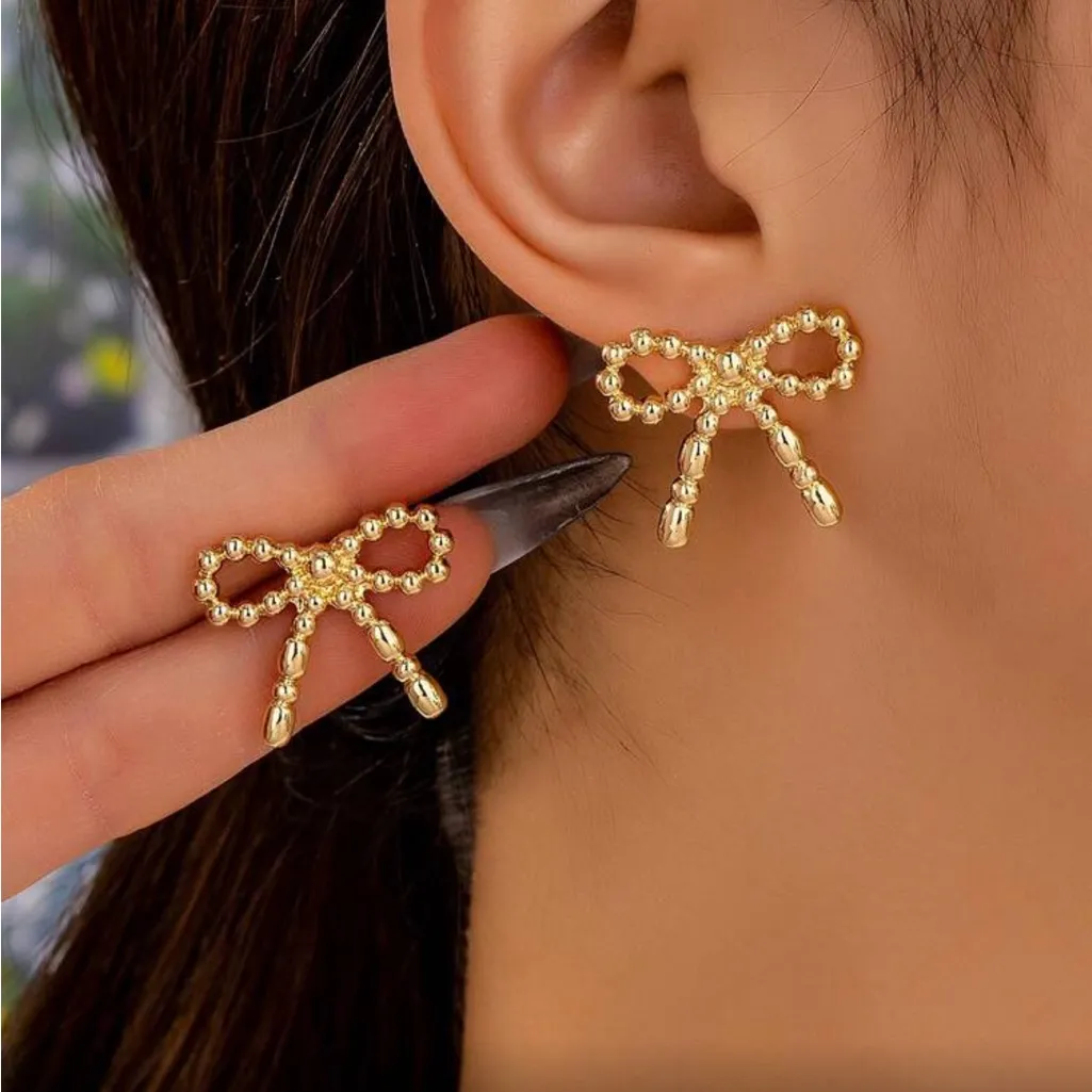 Elegant Gold Bow Earrings - Image 2