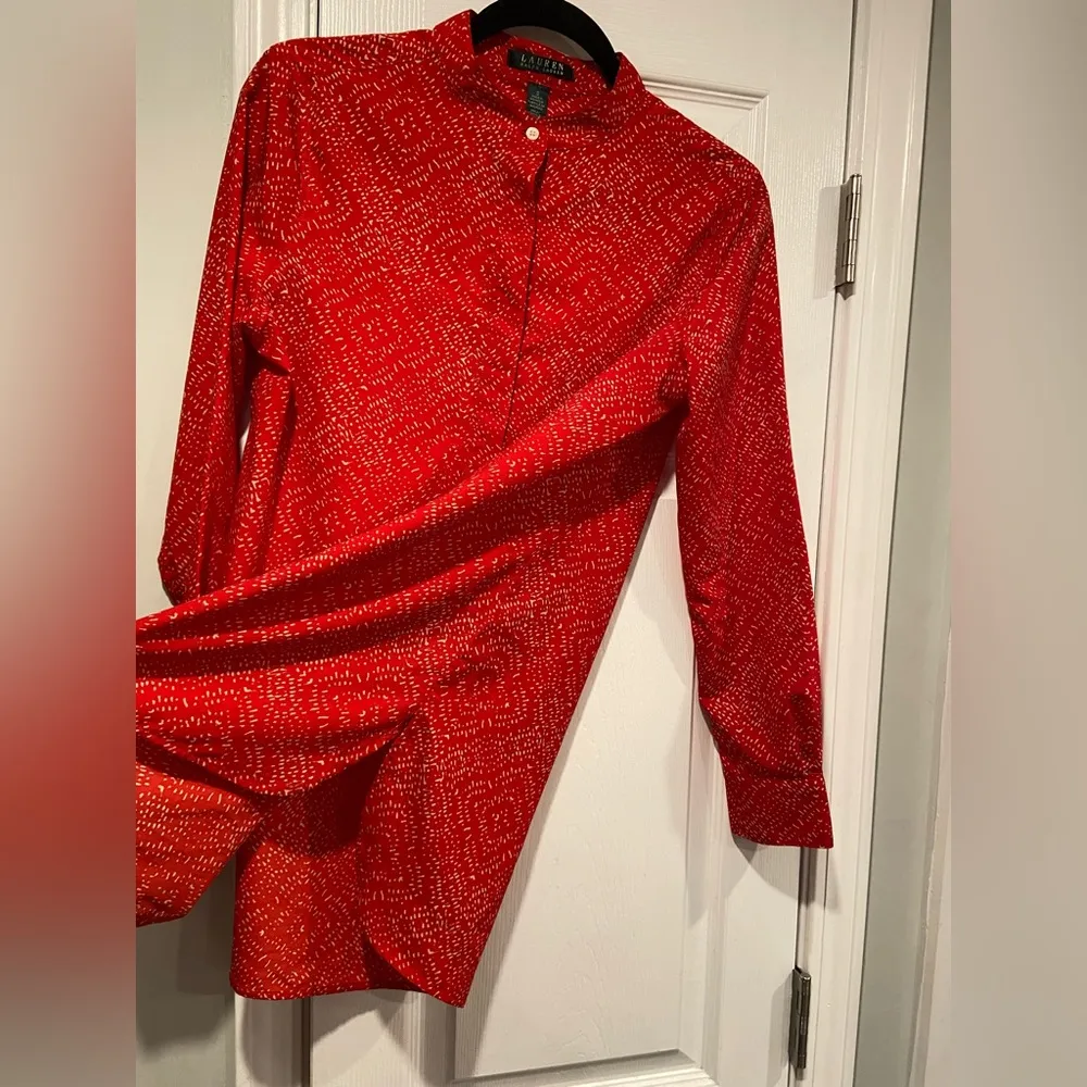 LRL Ralph Lauren Red Tan Long Sleeve Button Popover Split Hem Tunic Top Size S - Image 9