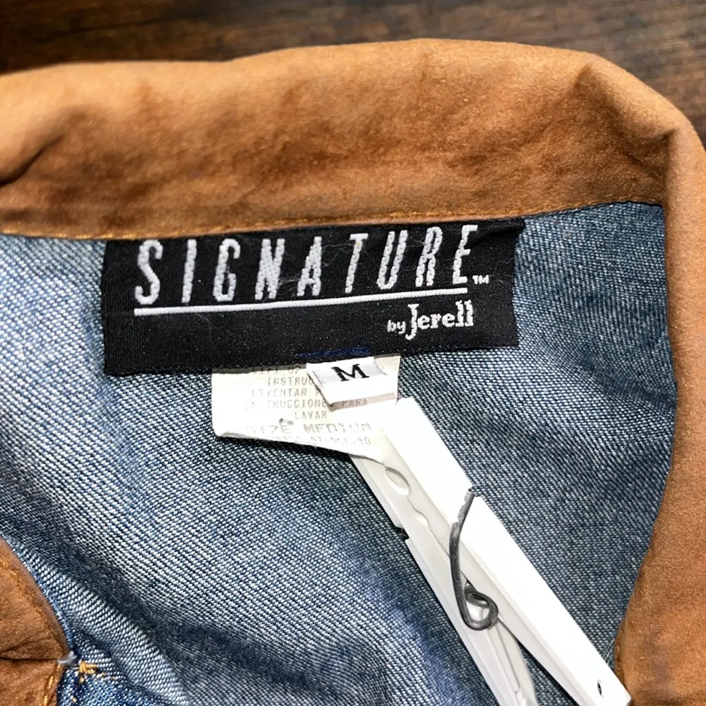 Vintage Denim Jacket with Faux suede leather Brown Accents Jean Jacket Size M - Image 5