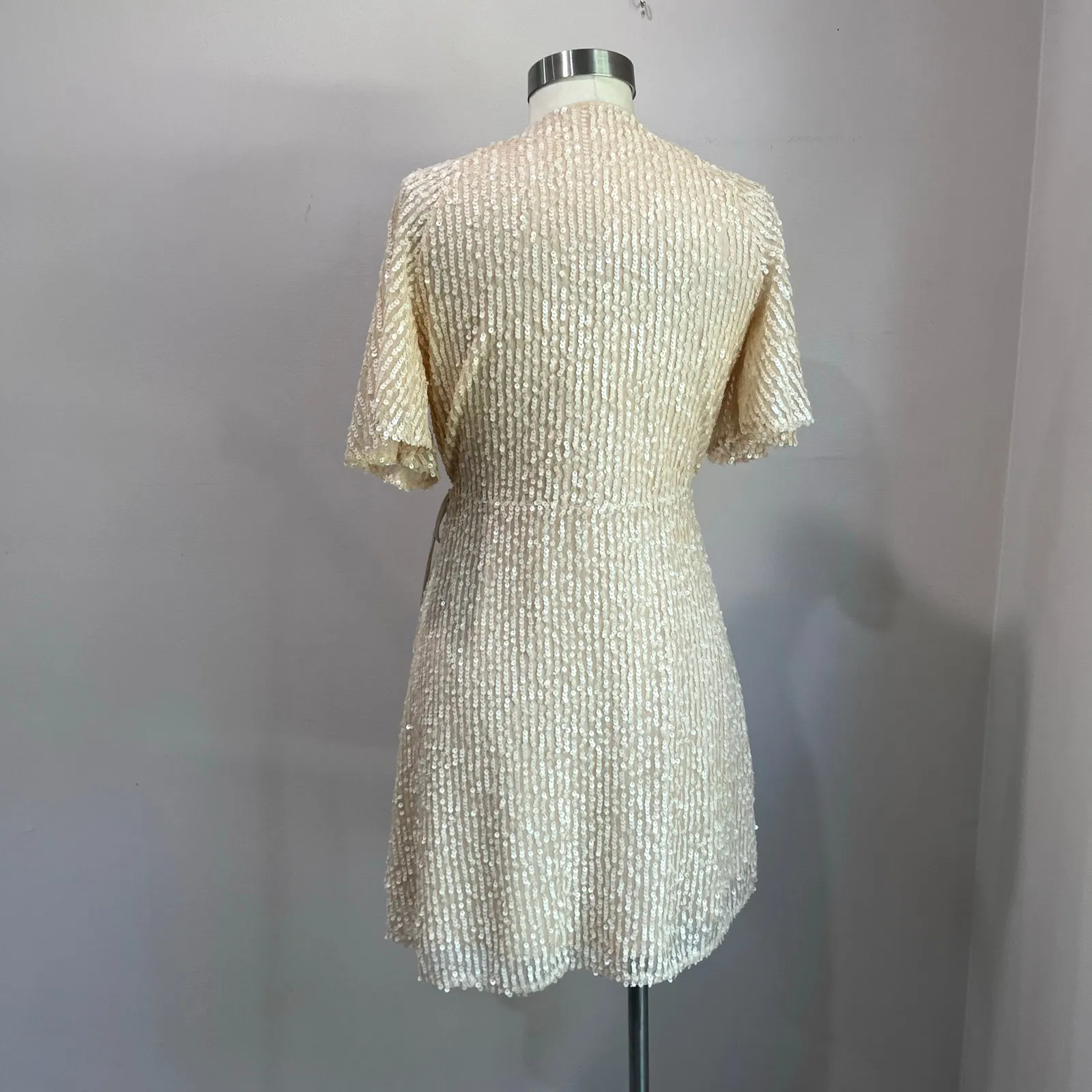 Zara Light Beige Sequin Mini Wrap Dress Size L - Image 3