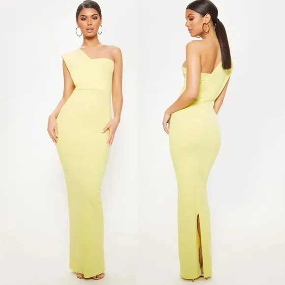 PrettyLittleThing Light Lime One Shoulder Maxi Gown Dress Back Slit Crepe - Image 2