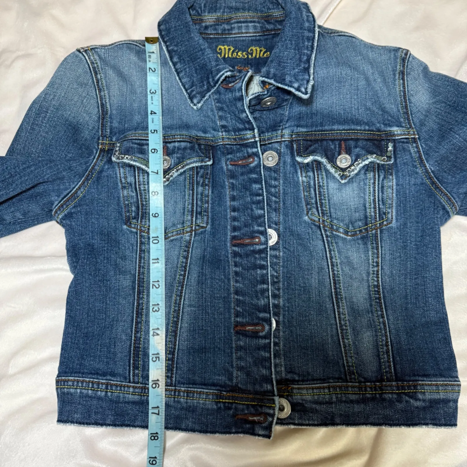 Miss Me Denim Jacket Embellished Rhinestone Cross Rock Cropped Blue Size Large - Image 10