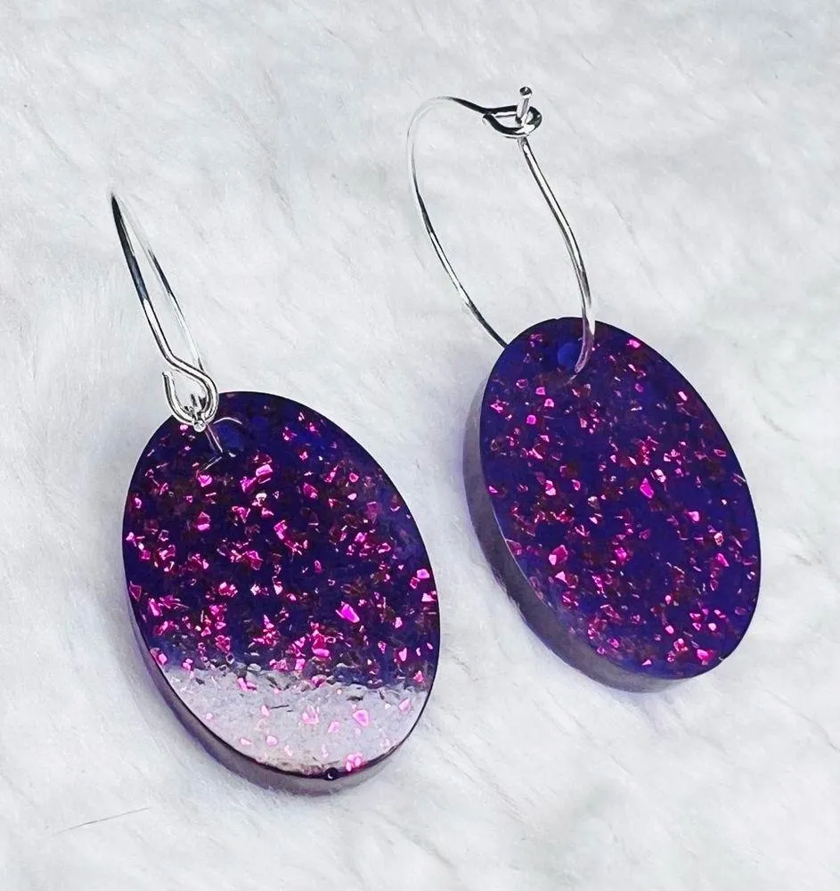 Sparkling Purple Glitter Resin Oval Pendant Hoop Earrings - Image 7