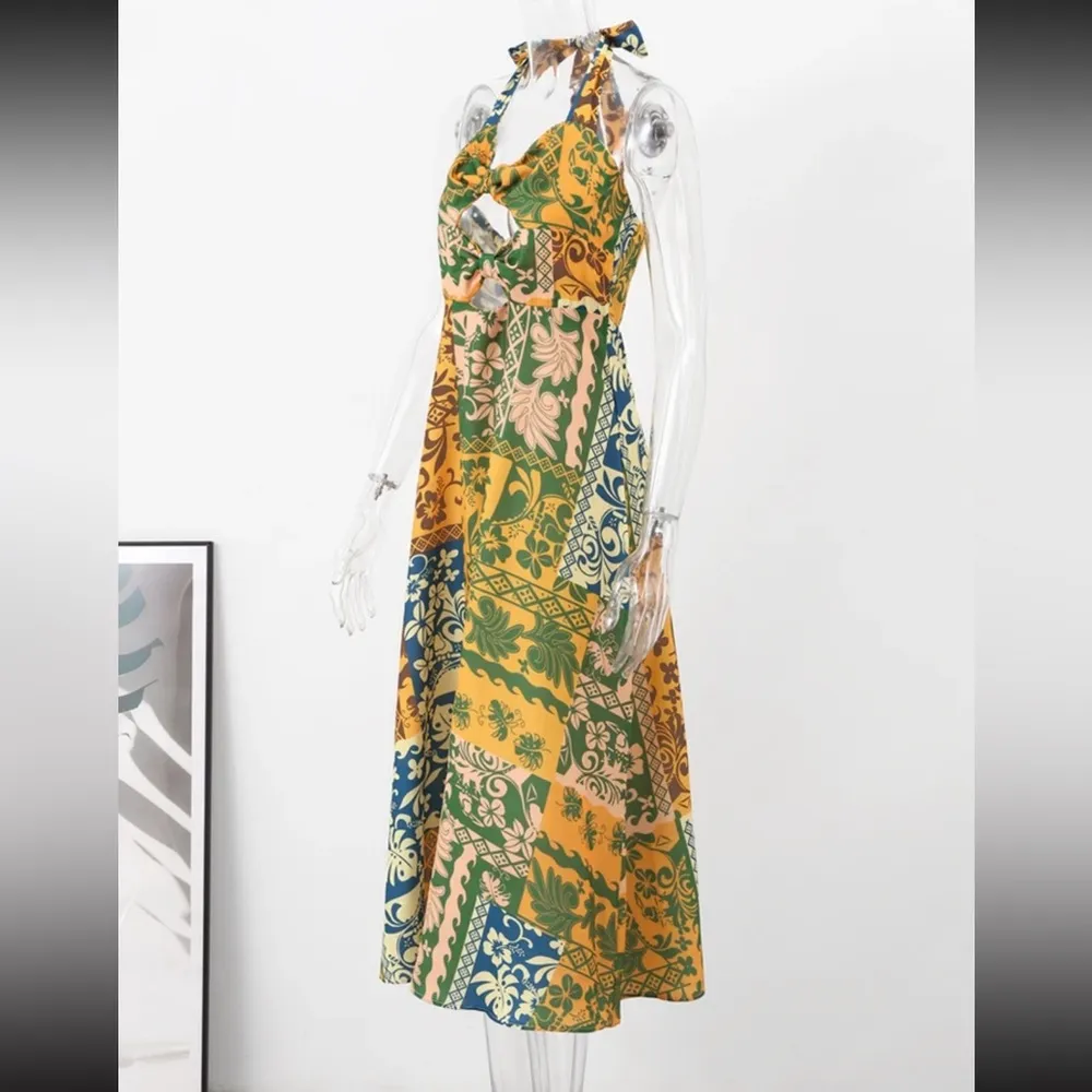 Alexia Printed Cut Out Halter Backless A-Line Midi Dress - Image 4