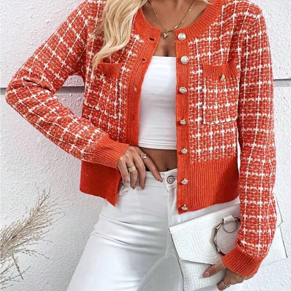 ✅✅✅BOGOHO ✅✅✅Women's Plaid Single Breasted Cardigan With Pocket Design Orange Size M - Image 4