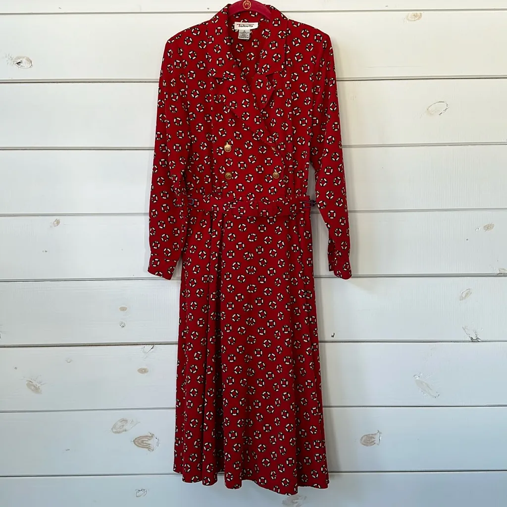 Talbots Vintage 80’s Red Nautical Button Front Shirt Dress Belted Midi Size 6 - Image 2