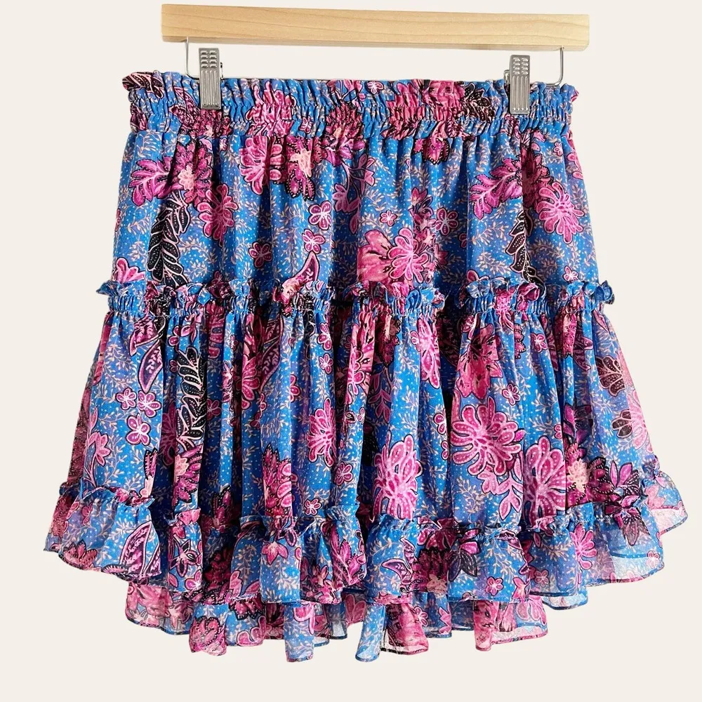 MISA Blue Pink Floral Print Tiered Floral Print Mini Skirt Size Large - Image 2