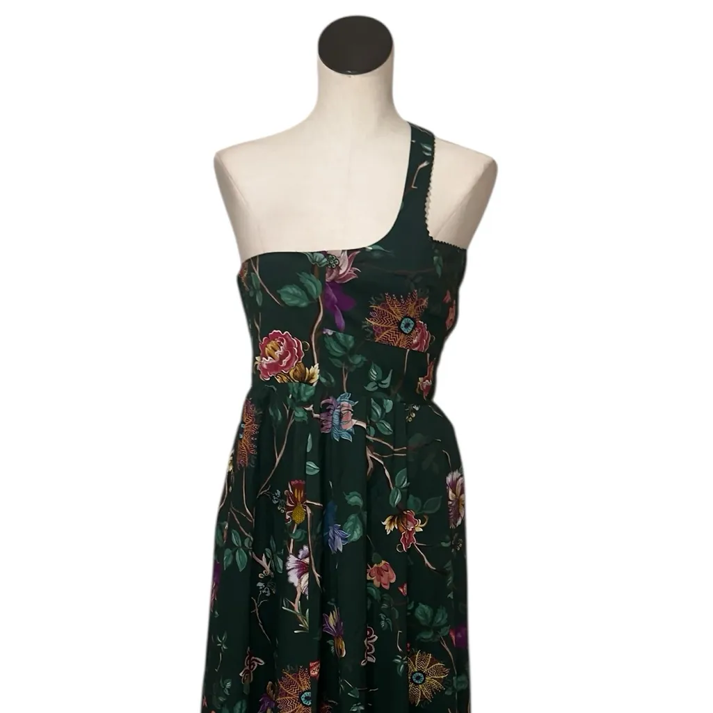 NWT Avec Les Filles Emerald Green One Shoulder Floral Midi Dress Garden Print 4 - Image 6