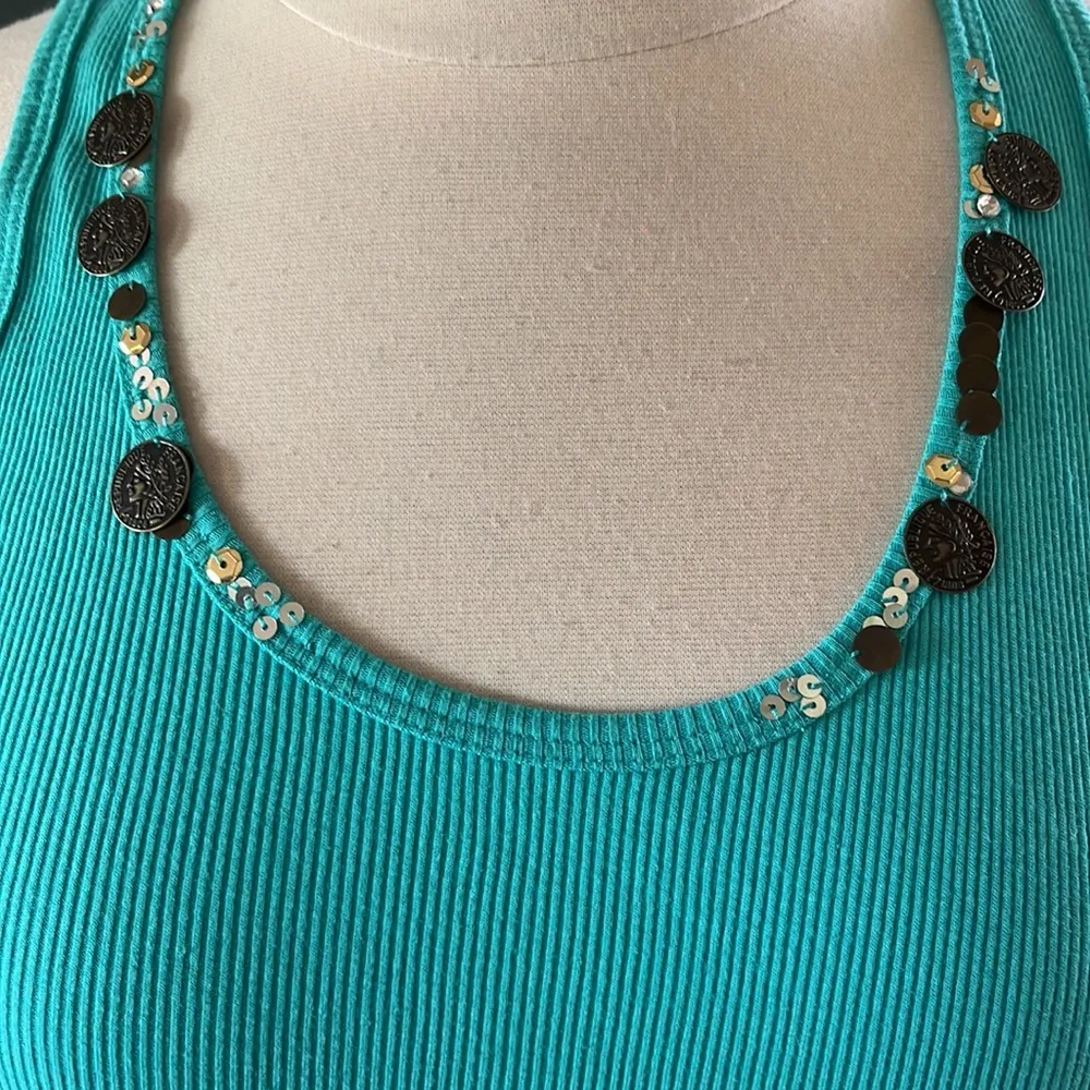 Belle du Jour Aqua Mint Tank Coin Sequin Neckline Ribbed Womens Large Top - Image 6