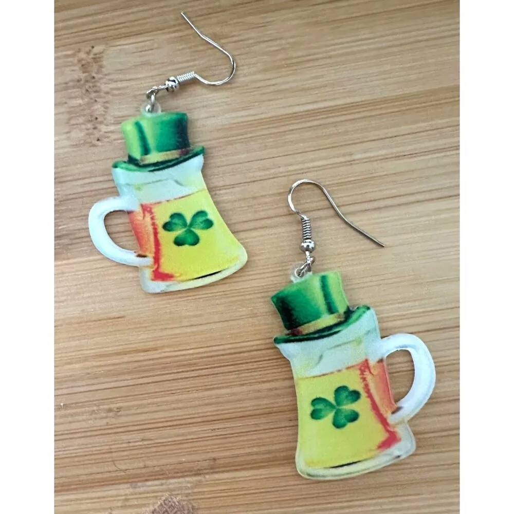 St Patricks Day Earrings Beer Shamrock Leprechaun Hat Dangle Hooks Parad… Green - Image 5