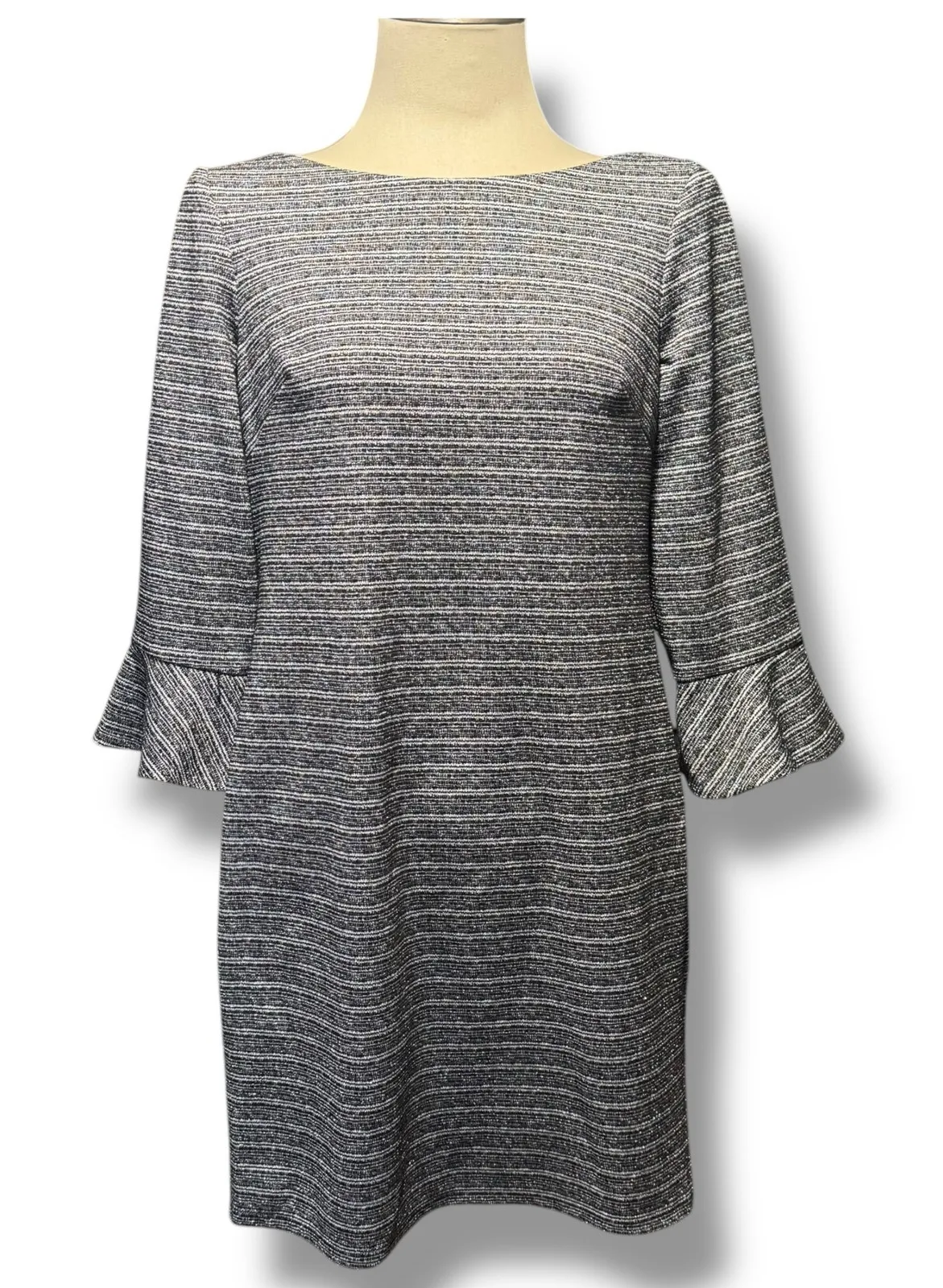 Jessica Howard Missy Stripe Ruffle Bell Sleeve Shift Dress Black Silver 12P - Image 1