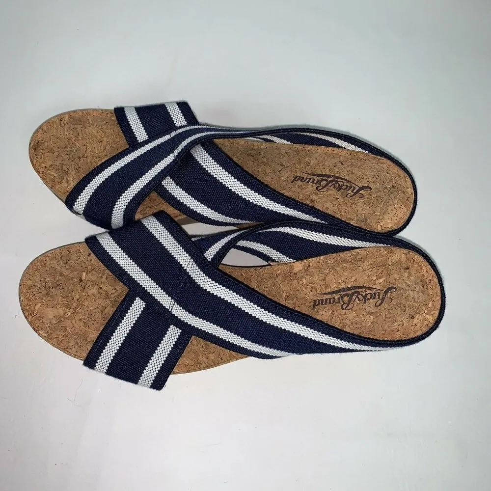 Lucky Brand Miller 2 Womens Tan Cork Wedges 8.5 Blue White Sandals Heels Shoes - Image 3