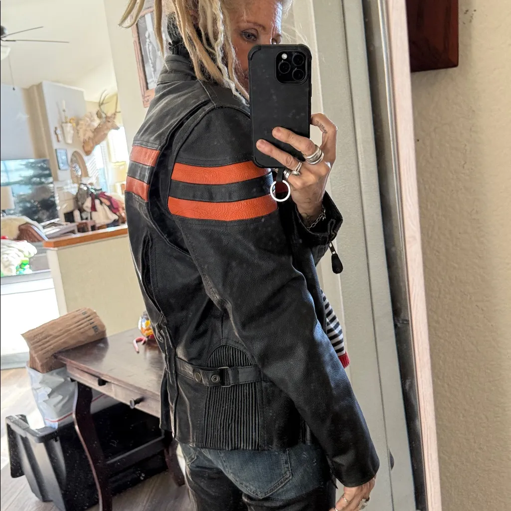 Vintage Black Leather motorcycle Jacket with Orange Stripes - Image 3