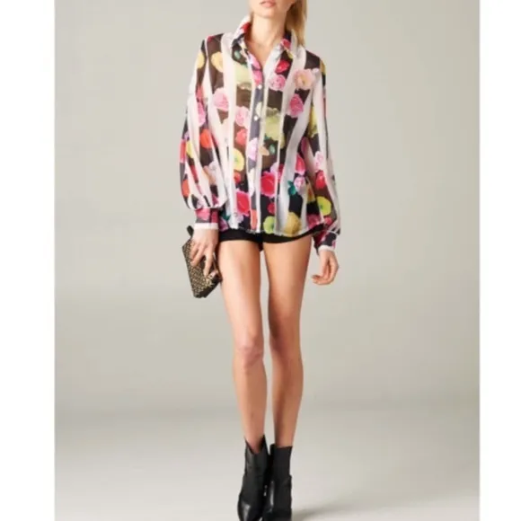 T.O.V. Multicolor Floral Striped Collared Button Up Sheer Blouse RARE 42 Euro L Size L - Image 3