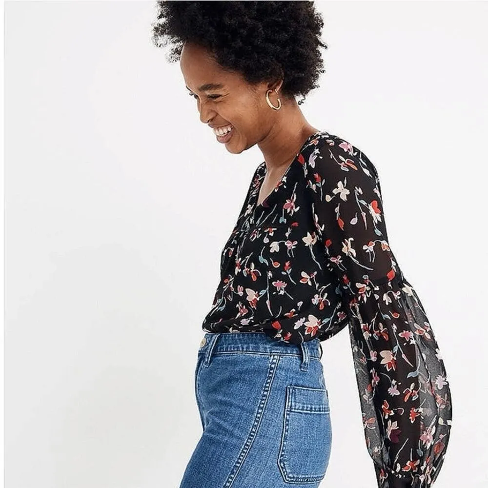 Madewell Drifting Flowers Black Floral Shirred Sleeve V-Neck Blouse Top Size XS - Image 2