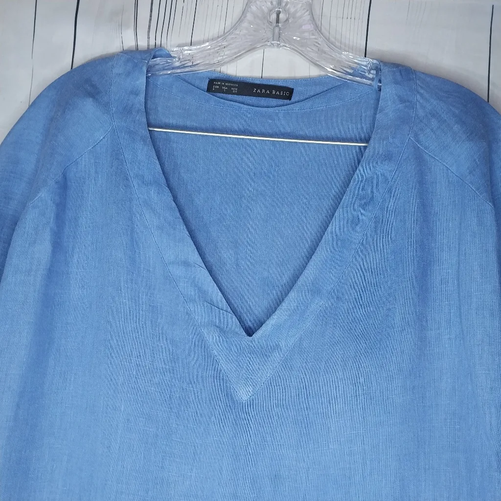 Zara Basic 100% Linen Blue V-Neck Dress Size S - Image 4