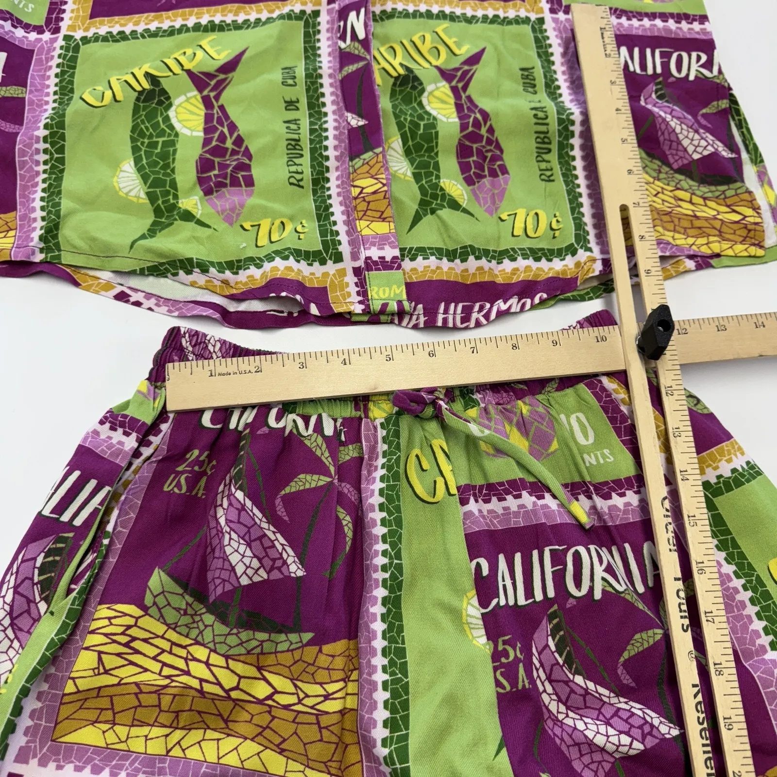 Seven Wonders Two Piece Set‎ Womens XS Purple Green Hawaiian Aloha Shirt Shorts - Image 12