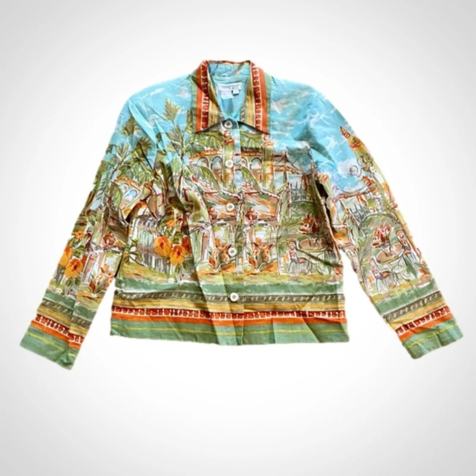 Coldwater Creek Villa Cityscape Blue Retro Linen Jacket Shacket Womens Small - Image 15