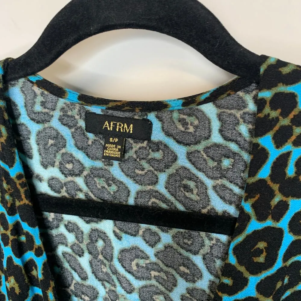 AFRM Turquoise Cheetah Leopard Print Dress Smocked Skirt Long Sleeves Sz Small Blue - Image 7