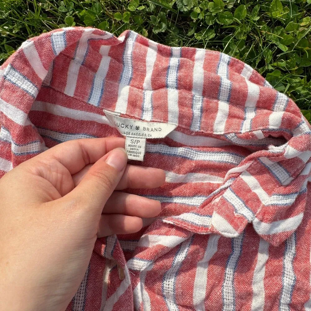 Lucky Brand Pink White Striped Collared Short Sleeve Tie Hem Linen Top Size S - Image 5