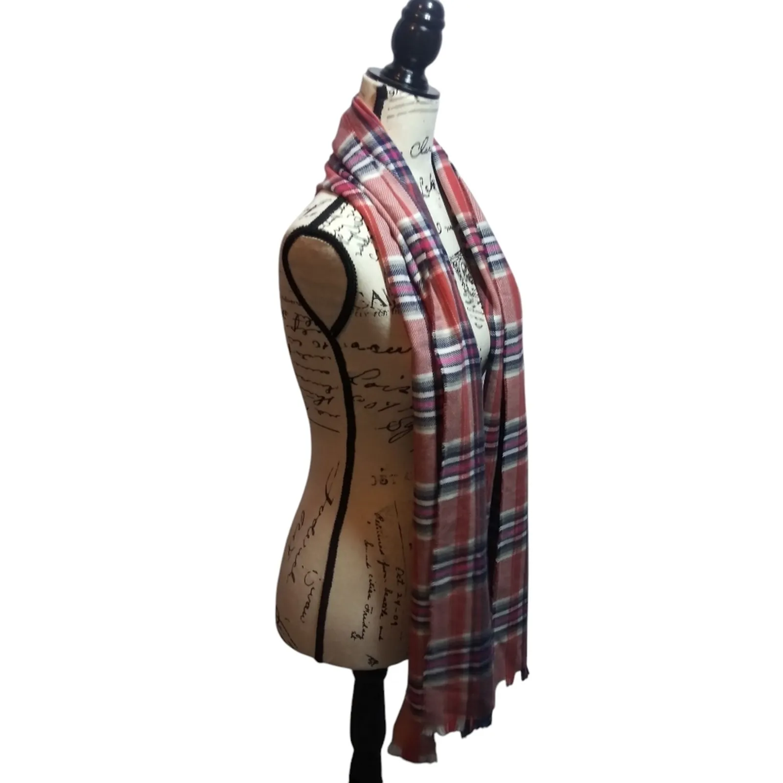 Lands' End Women's Coral Pink Plaid Scarf Soft Fringe - Image 2