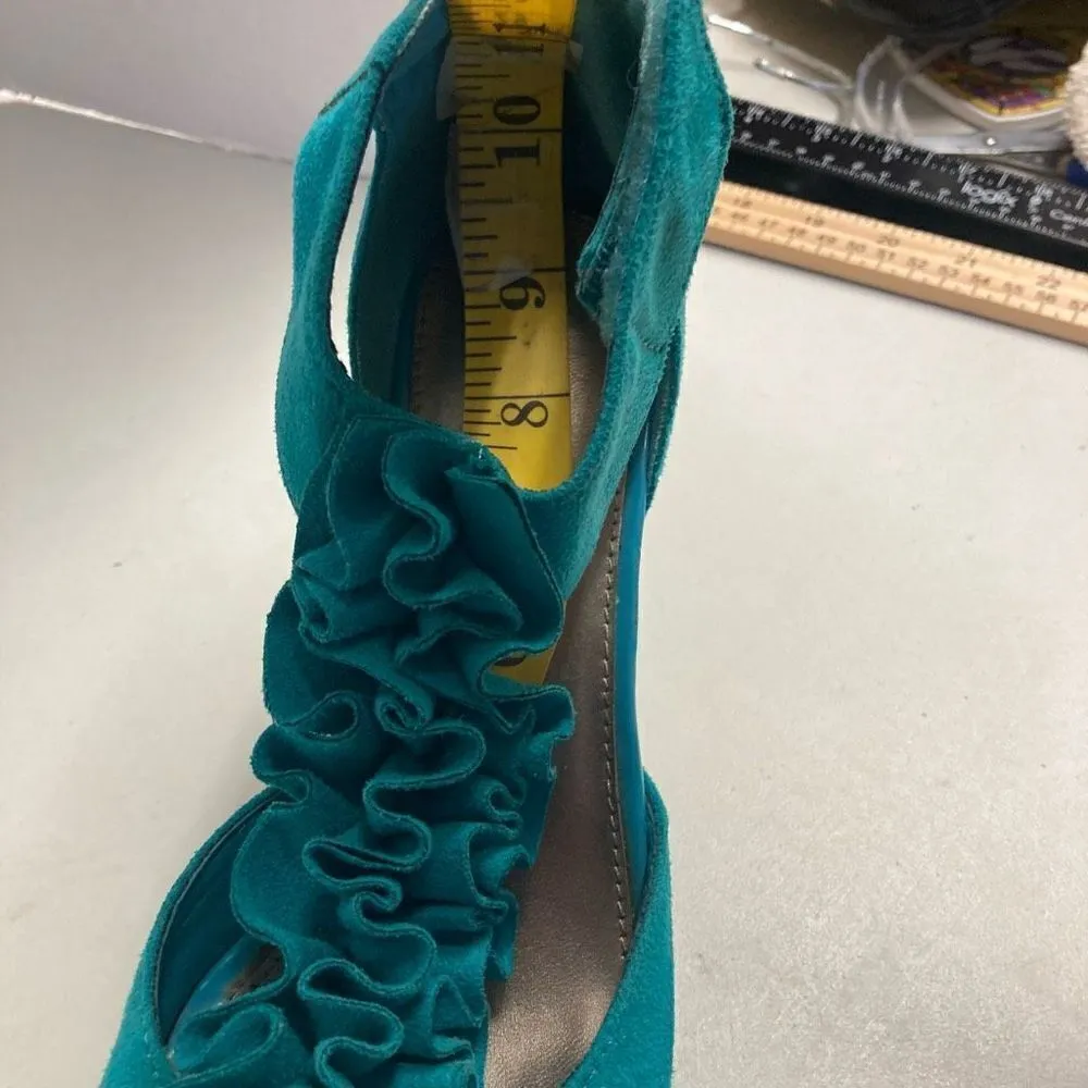 CATO Turquoise Ruffle Strap Hook & Loop Peep Toe Heels Size 7 - Image 6