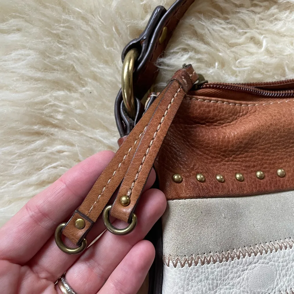 Fossil genuine leather patchwork horizontal stripe hobo shoulder bag cognac Tan - Image 2