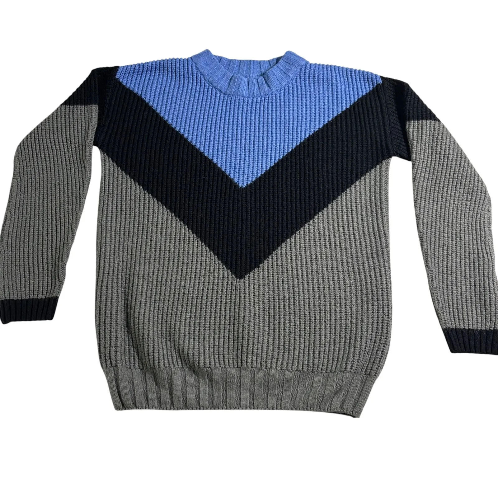 Color Block Knit Sweater Blue Black Gray Chevron Pattern Acrylic Oversized Small - Image 3
