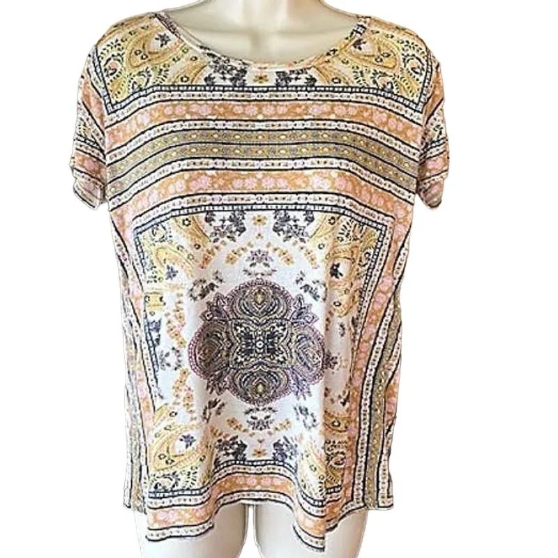 LUCKY BRAND Boho Brown & Cream Bohemian T-Shirt Top ~ Women's Size SMALL - Image 2
