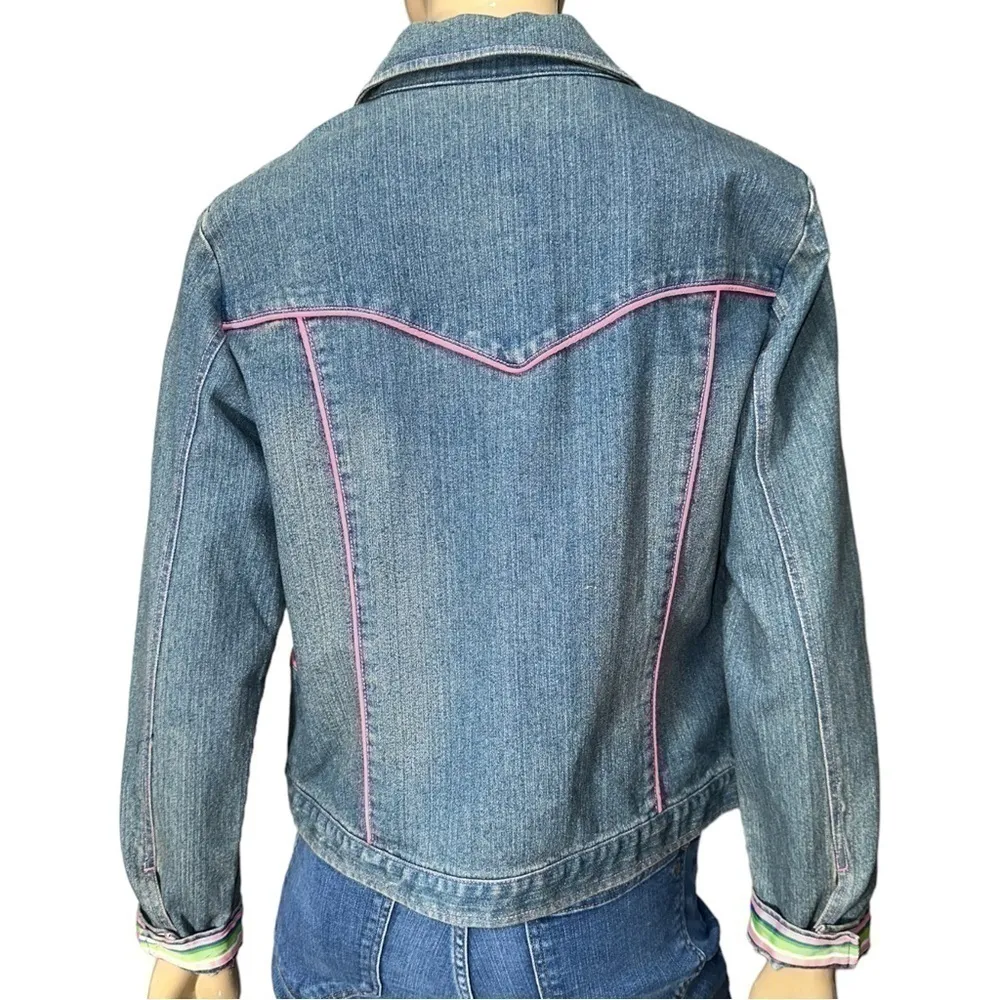 SPANNER Darling Women’s Size 8 Pink Trim Denim Stripe Buttons Jean Jacket Blue - Image 5