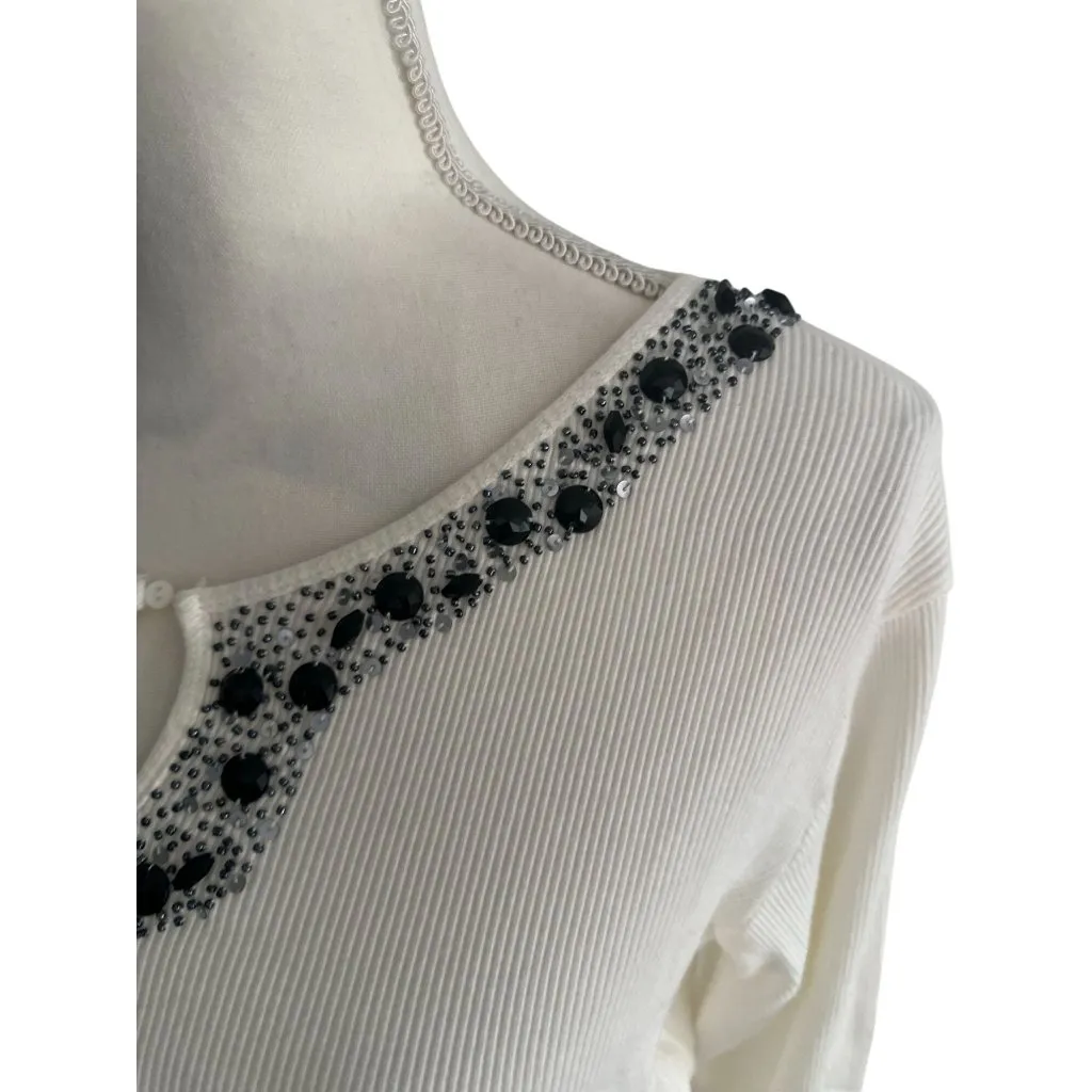 Quacker Factory  White Beaded Long Sleeve Top Size S - Image 2