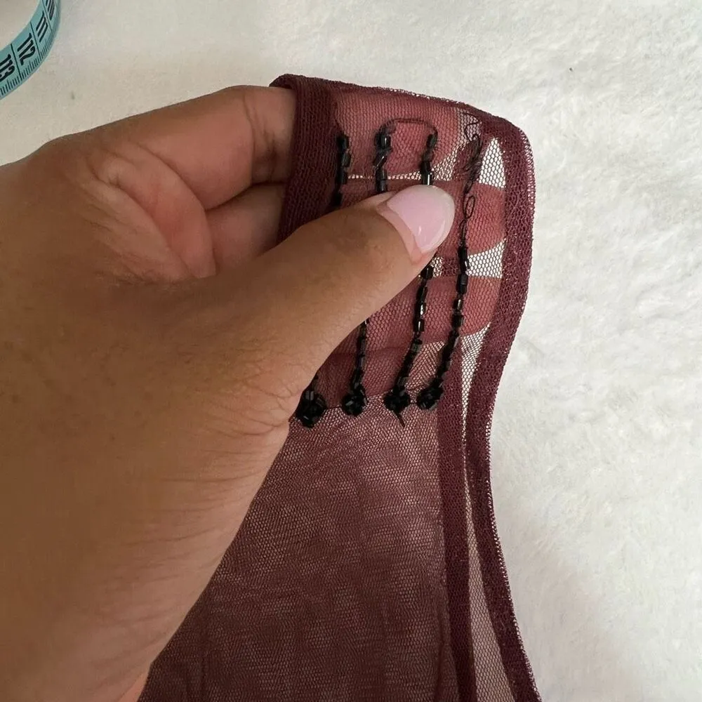 Free People Burgundy Overlap Sheer Beaded Dress Tunic Slip Dress Small Women - Image 7