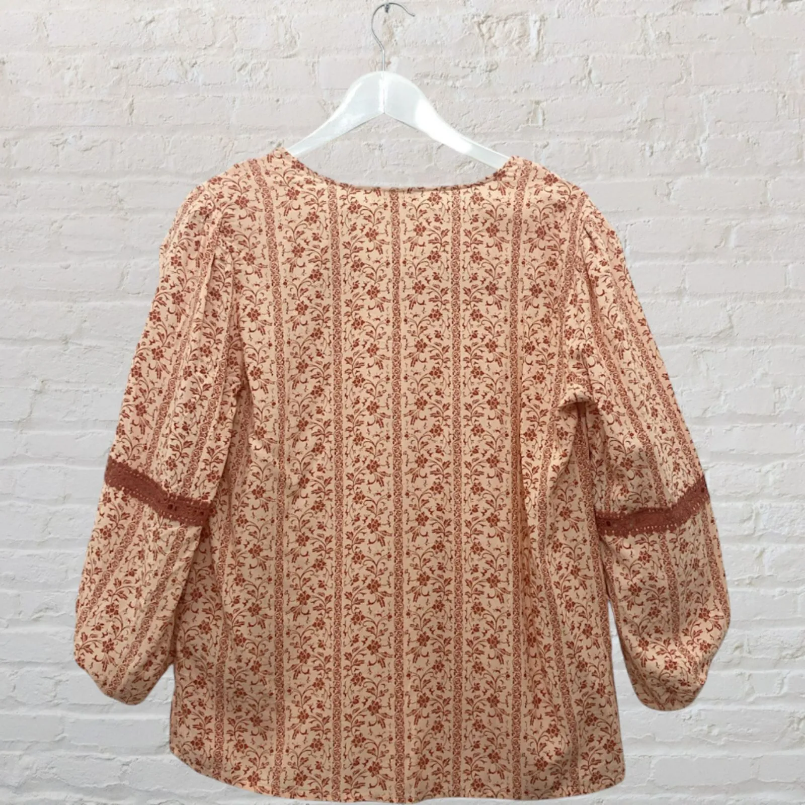 Boho Peasant Blouse M Floral Crochet Lace Tie Neck 3/4 Sleeve Festival Orange Size M - Image 14