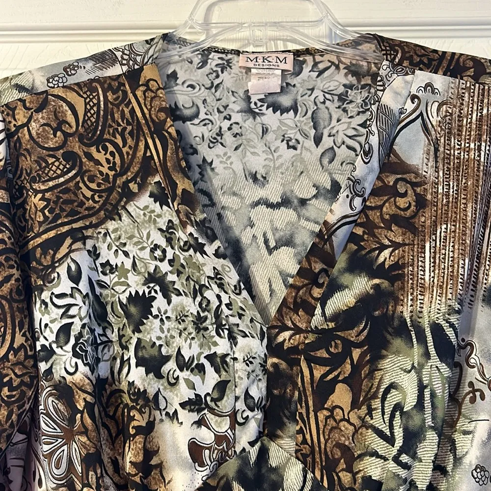 MKM Designs Black Brown Grey 3/4 Sleeve Dressy Blouse 1X - Image 2