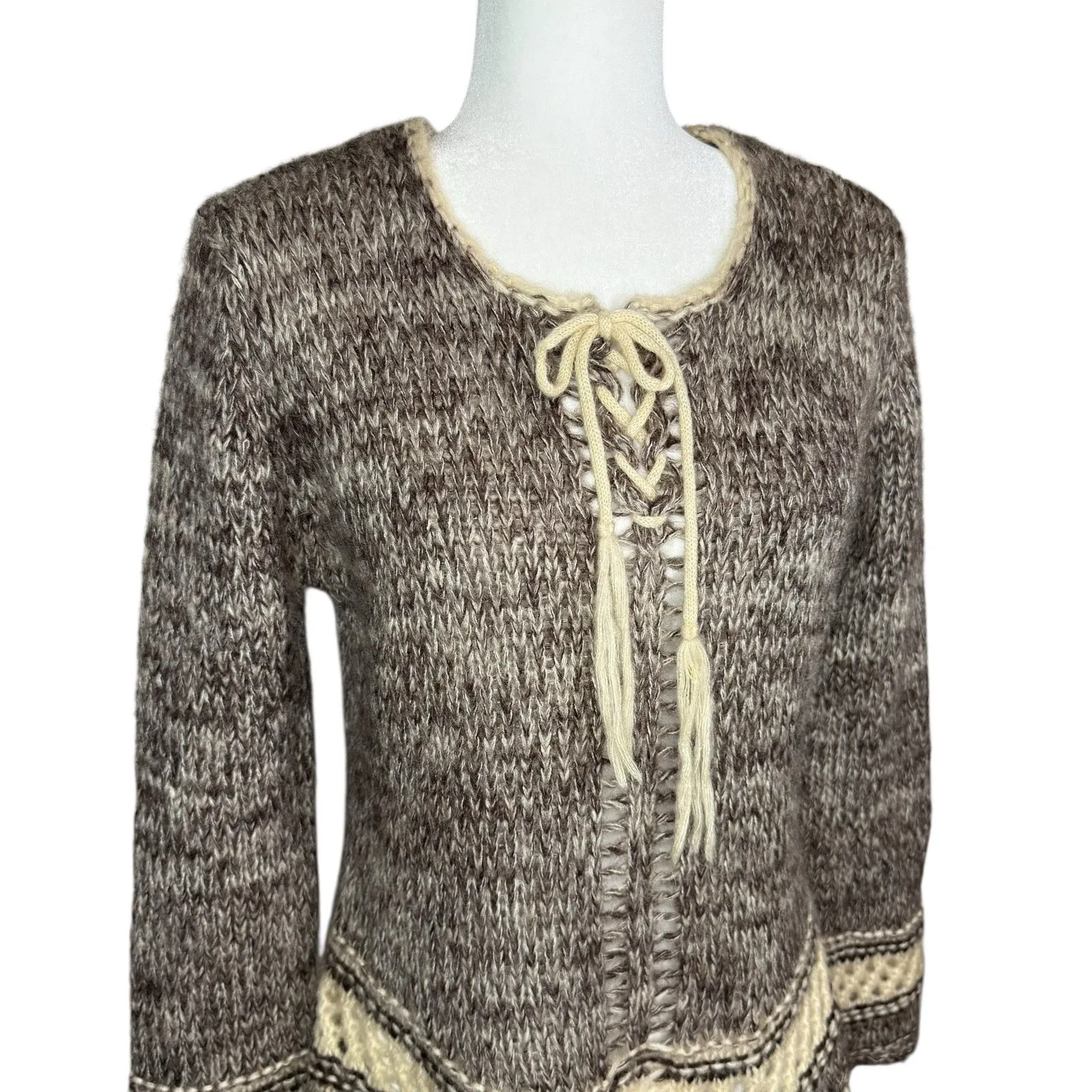 Folk‎ Mohair Blend Fringe Sweater L Boho Lace Up Knit Large Earthy Tribal Boho Tan - Image 3