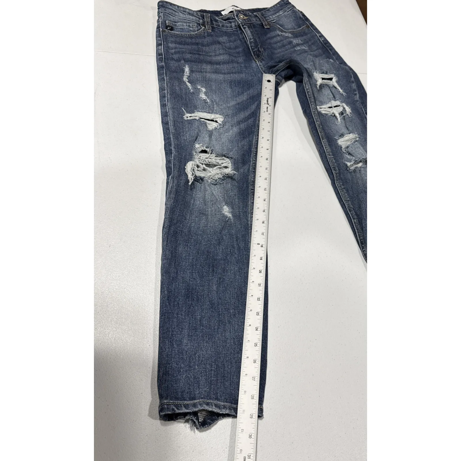 KanCan Women's Distressed Mid Rise Skinny Jeans Size 26 Denim Raw Hem Destroyed Blue - Image 12