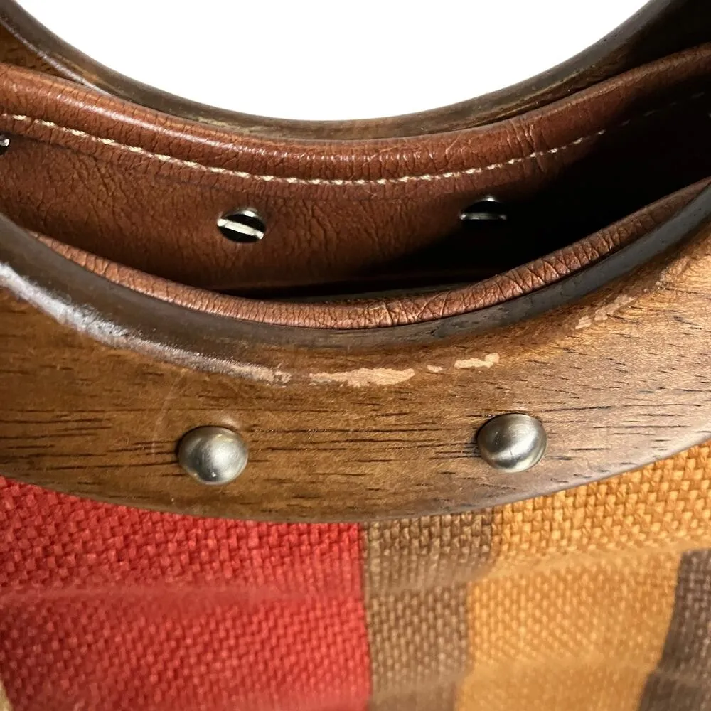 Fossil Multi Colored Striped Leather Trim Wood Handle Satchel Purse - Image 3