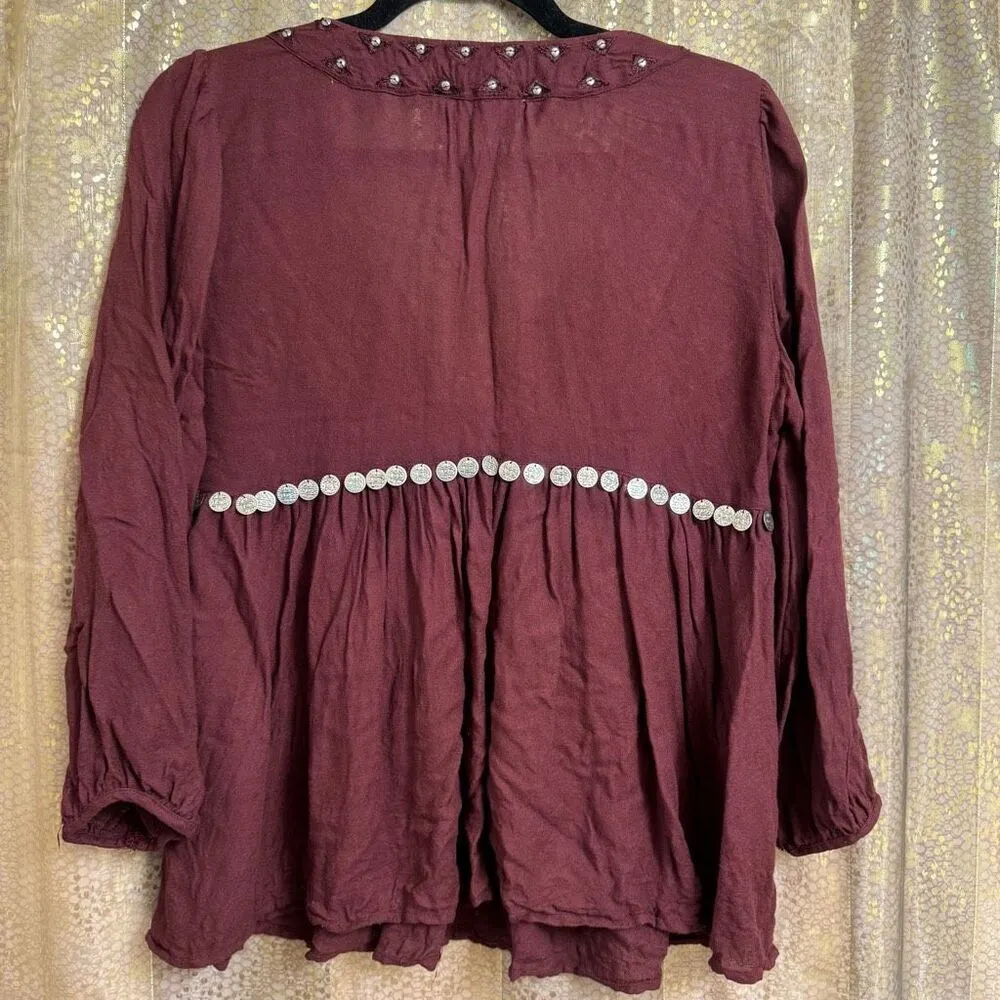 Vintage 00's Abercrombie & Fitch Maroon Beaded Boho Coin Tassel Top Flawed Mediu - Image 2