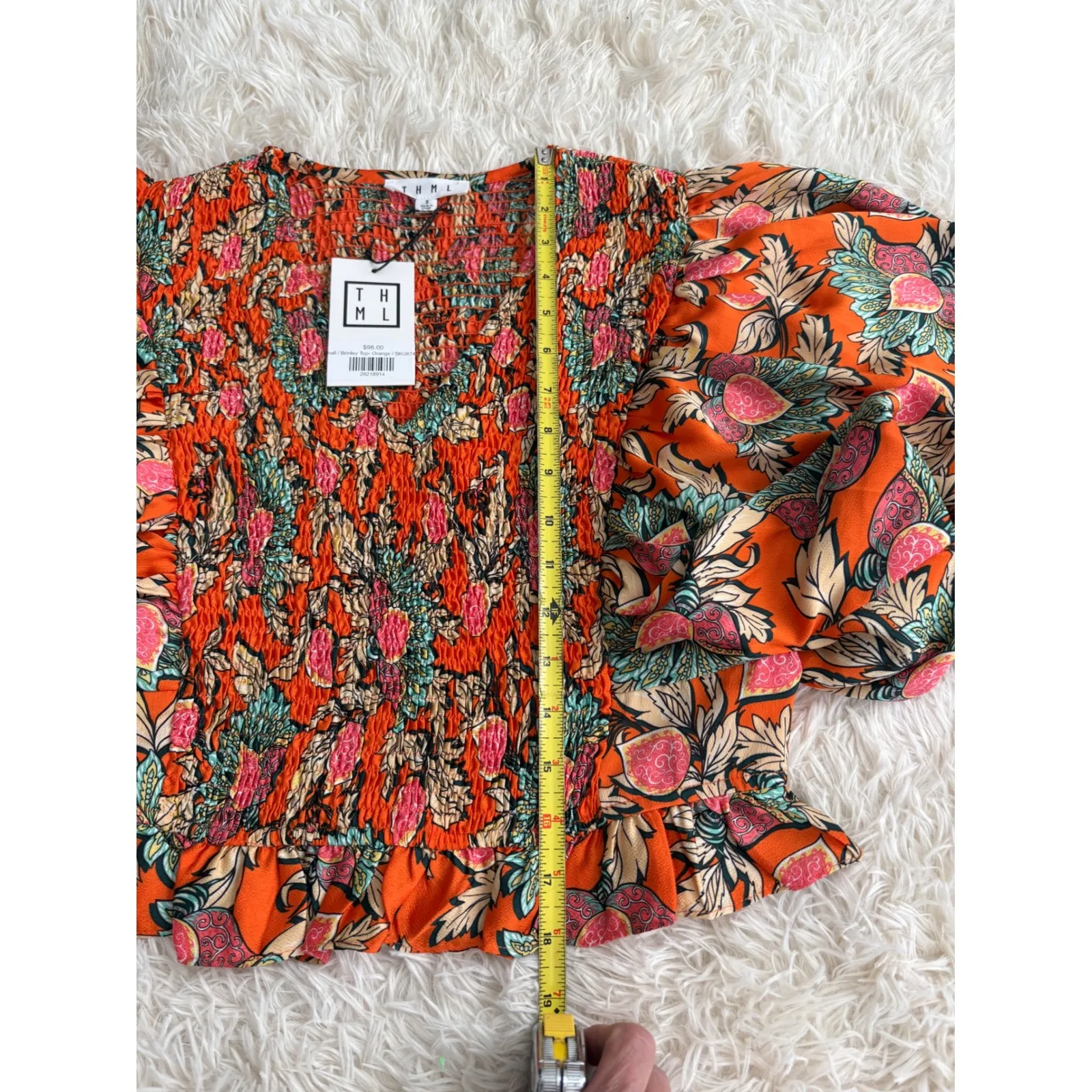 THML Orange Floral Smocked Crop Top Blouse V Neck Puff‎ Sleeve Small New W/ Tags - Image 6