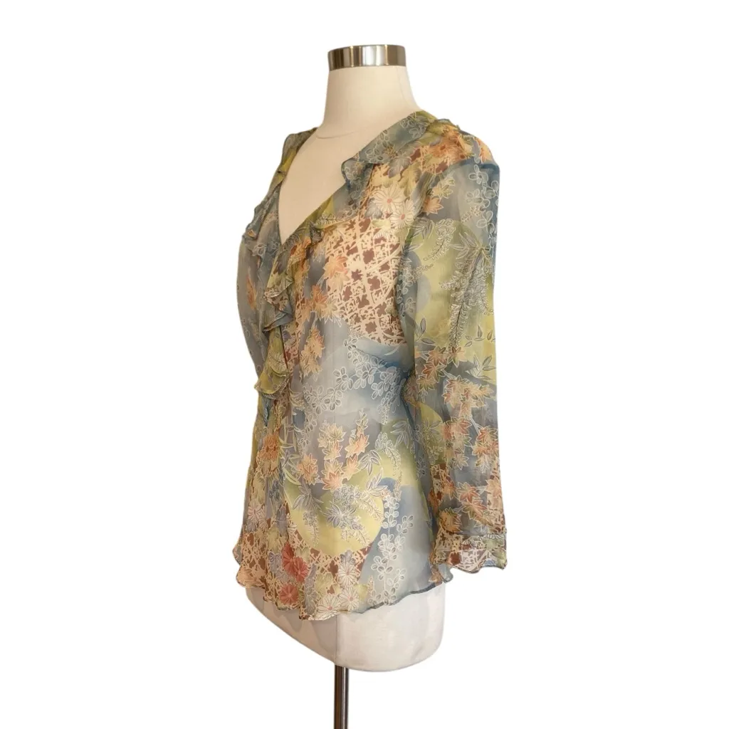 Y2K Silk Floral Ruffle Blouse Fairycore Sheer Top Size XL - Image 5