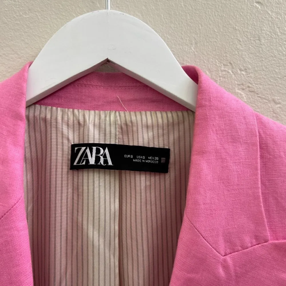 ZARA Blogger Fav Pink Printed Valentine’s Cuff Linen Blend Blazer Jacket… - Image 11