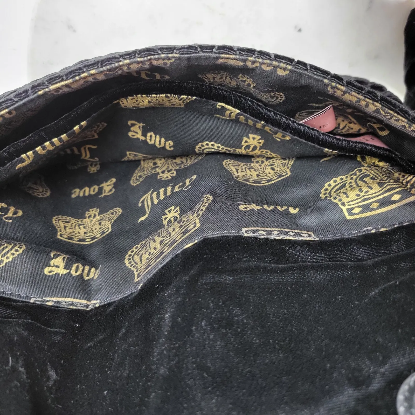 Juicy Couture Black Velvet Fold Over Clutch Quilted Rhinestone Bow Zipper Y2K - Image 9