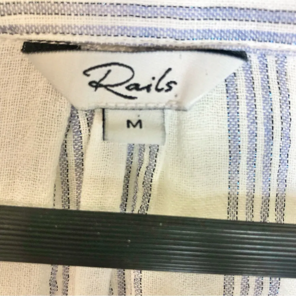 Marti Cayman White/Blue Stripe Long Peasant Sleeve Linen Button Front Top - Image 9