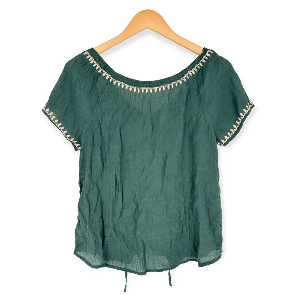 E {hanger} M | Small | Green and Tan Embroidered Blousan Cap Sleeve Peasant Top - Image 4
